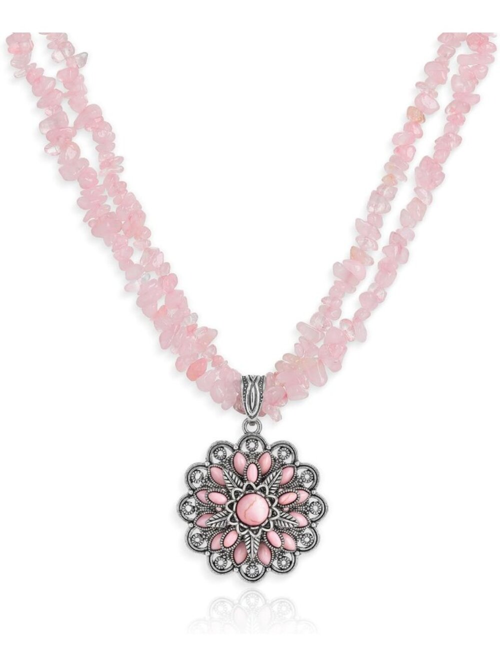 Floral Turquoise Pendant Layered Necklace with Chip Beads for Women - Boho Style